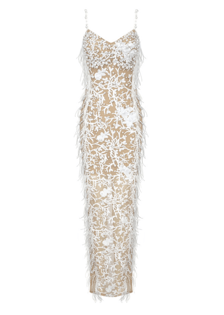  White Beaded and Feathers Maxi Dress -  - DYAVOR® 