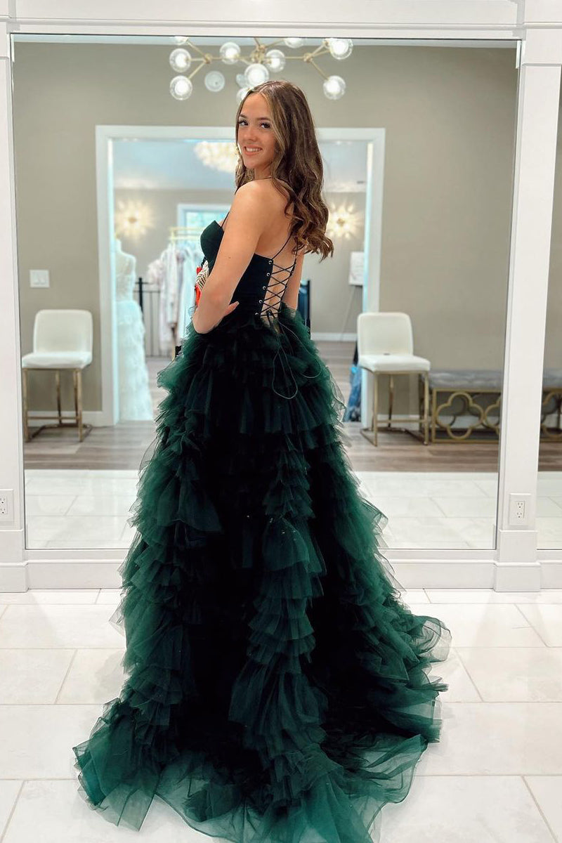  Dark Green Sweetheart Ruffle Tiered Tulle Long Prom Dresses with Slit - Prom Dress - DYAVOR® 