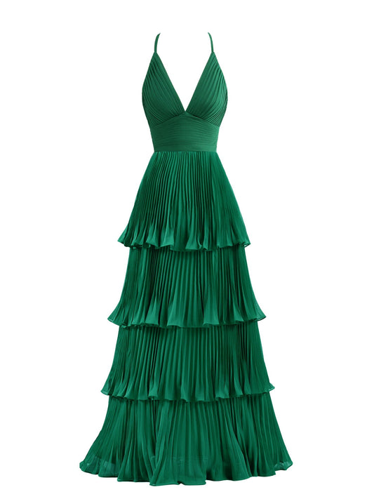  Dark Green A-Line Tiered Floor Length Chiffon Bridesmaid Dress - Prom Dress - DYAVOR® 