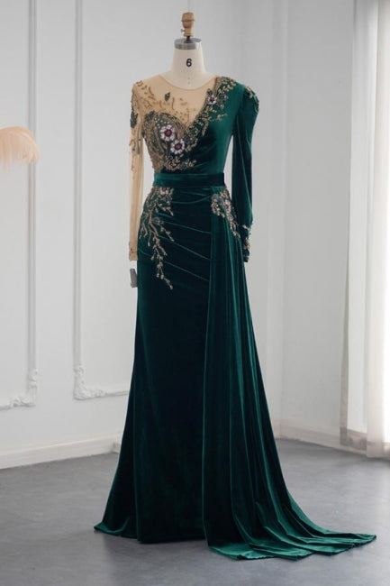  Dark Green Long Sleeves Jewel Mermaid Evening Dresses Prom Gowns With Ruffles - Prom Dresses - DYAVOR® 