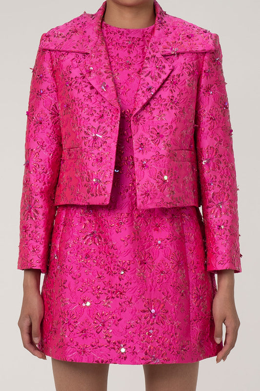  Dazzling Sequin Lurex Jacquard Floral Big Collar 3/4 Sleeve Crop Blazer - Blazers - DYAVOR® 