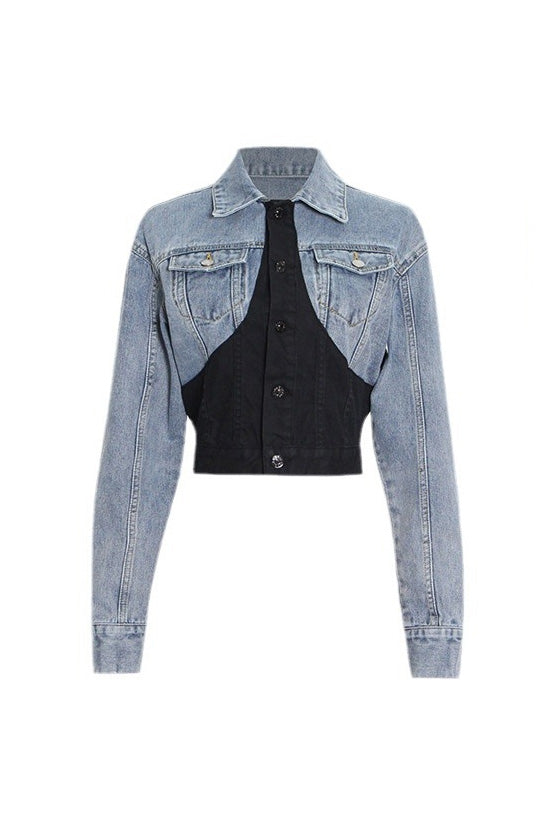  Deconstructed Hybrid Button Down Long Sleeve Cinch Waist Crop Denim Jacket - Denim - DYAVOR® 