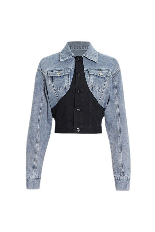  Deconstructed Hybrid Button Down Long Sleeve Cinch Waist Crop Denim Jacket - Denim - DYAVOR® 