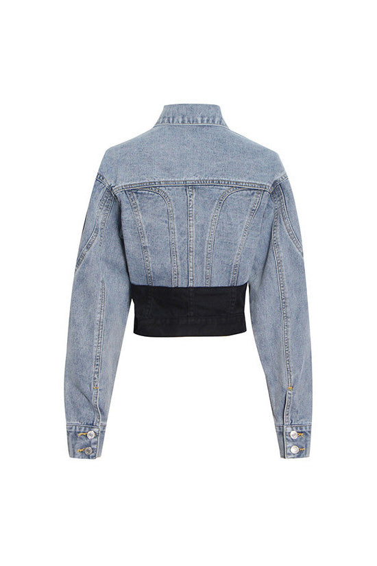 Deconstructed Hybrid Button Down Long Sleeve Cinch Waist Crop Denim Jacket - Denim - DYAVOR® 