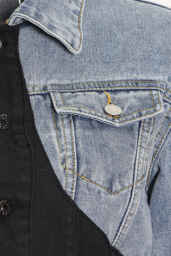  Deconstructed Hybrid Button Down Long Sleeve Cinch Waist Crop Denim Jacket - Denim - DYAVOR® 