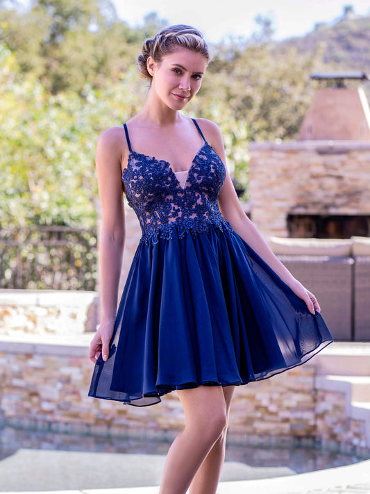  Deep V-applique Back Lace Up Mini Length Homecoming Dress - Prom Dresses - DYAVOR® 