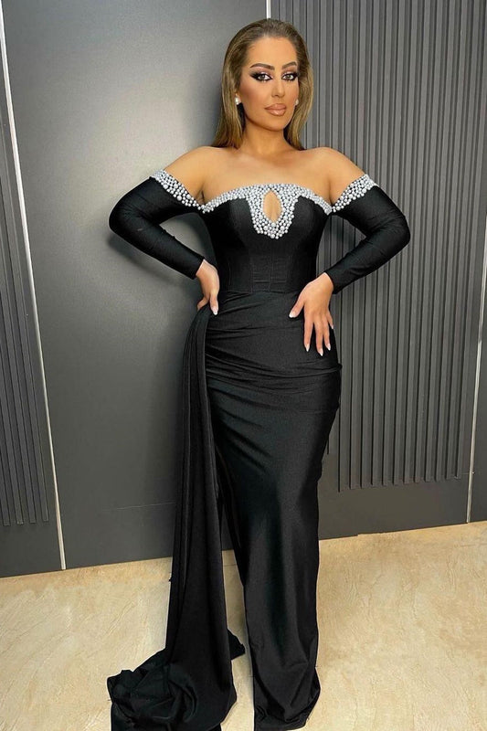  Deluxe Black Floor Length Long Sleeves Mermaid Satin Prom Dress with beads - Prom Dresses - DYAVOR® 