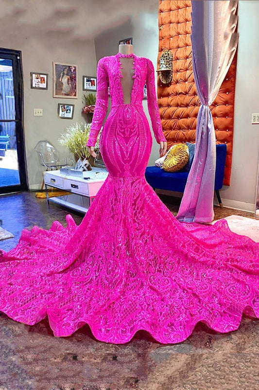 Designer Fuchsia Long Sleeves V-neck Mermaid Sparkle Long Prom Dress - Prom Dresses - DYAVOR® 