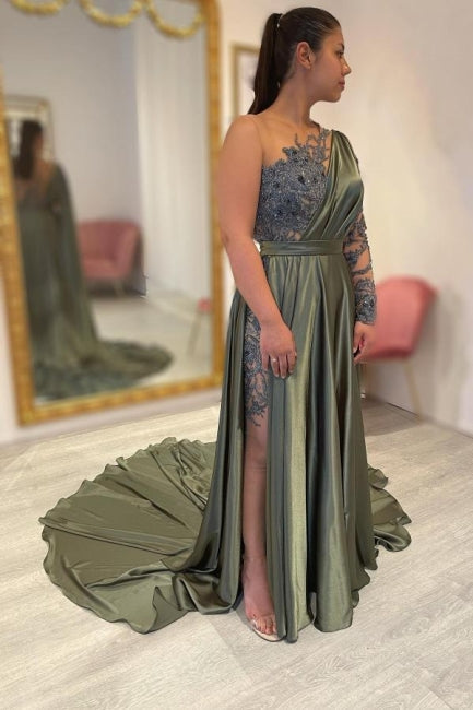  Designer Long A-line Lace Split Evening Dresses With Long Sleeve - Prom Dresses - DYAVOR® 