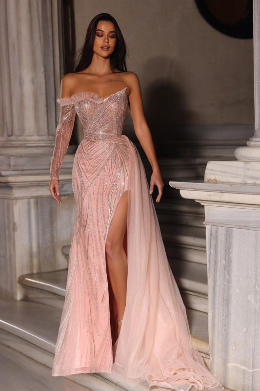  Designer Long A-line Off-the-shoulder Lace Long Sleeve Tulle Prom Dress With Slit - Prom Dresses - DYAVOR® 