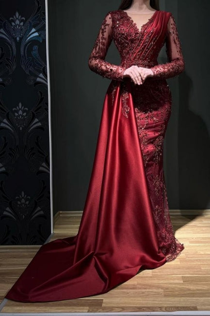  Designer Long Burgundy Lace Beading Mermaid Evening Dresses With Long Sleeves - Prom Dresses - DYAVOR® 
