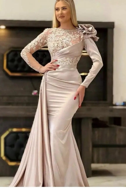  Designer Long Champagne Mermaid Lace Evening Dresses With Long Sleeves - Prom Dresses - DYAVOR® 