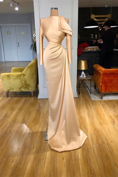  Designer Long Champagne Mermaid Satin Prom Dress With Long Sleeves - Prom Dresses - DYAVOR® 