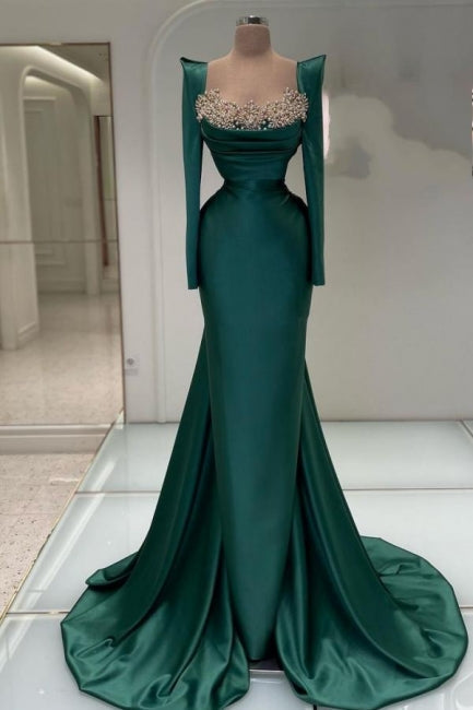  Designer Long Dark Green Beading Pearls Mermaid Prom Dresses with Long Sleeves - Prom Dresses - DYAVOR® 