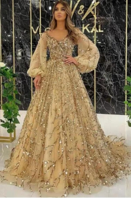  Designer Long Gold A-line Lace Sequined Long Sleeves Evening Dresses With Glitter - Prom Dresses - DYAVOR® 