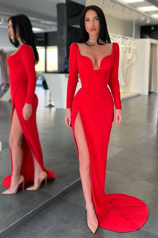  Designer Long Sexy Red Long Sleeves Prom Dress With Slit - Prom Dresses - DYAVOR® 