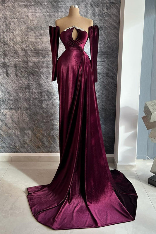  Designer Long Velvet Sequined Long Sleeves Prom Dress With Train - Prom Dresses - DYAVOR® 