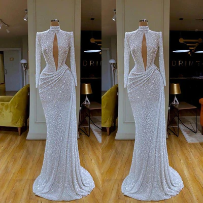  Designer Long White High Neck Long Sleeves Mermaid Sequined Prom Dress - Prom Dresses - DYAVOR® 