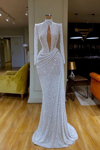  Designer Long White High Neck Long Sleeves Mermaid Sequined Prom Dress - Prom Dresses - DYAVOR® 