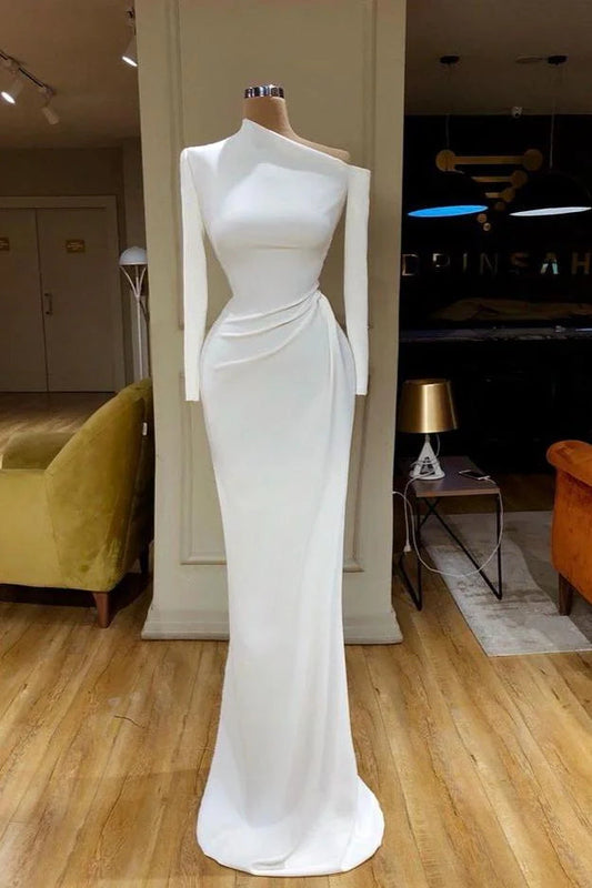  Designer Long White Mermaid One Shoulder Prom Dress With Long Sleeves - Prom Dresses - DYAVOR® 