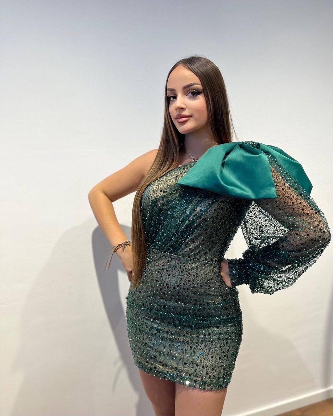  Designer Short One Shoulder Sequined Long Sleeve Tight Prom Dress - Prom Dresses - DYAVOR® 