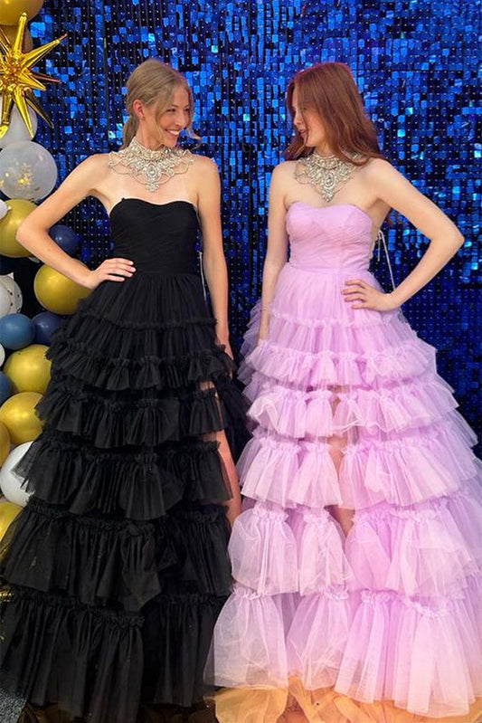  Linda |A-line Multi Tiered Strapless Tulle Prom Dress with Slit - Prom Dress - DYAVOR® 