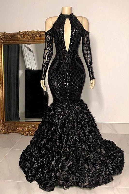  Dignified Black Halter Long Sleeve Transparent lace Beading Floor-length Mermaid Prom Dresses - Prom Dresses - DYAVOR® 