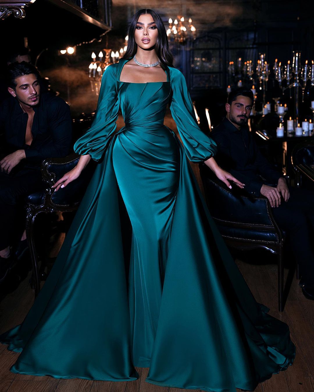  Dignified Green Square Neckline Long Sleeve Column Floor-length Wedding Dresses with Train - Prom Dresses - DYAVOR® 