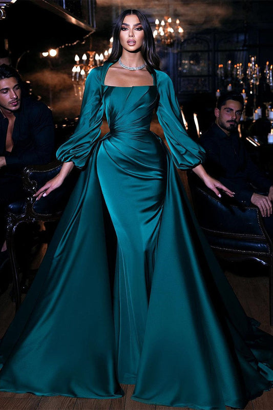  Dignified Green Square Neckline Long Sleeve Column Floor-length Wedding Dresses with Train - Prom Dresses - DYAVOR® 
