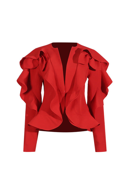  Dramatic Collarless One Button Cinch Waist Ruffle Peplum Blazer - Blazers - DYAVOR® 