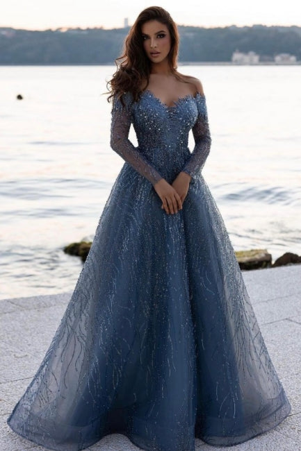  Dusty Blue Sequined A-Line Long Sleeves Sweetheart Prom Dress - Prom Dresses - DYAVOR® 