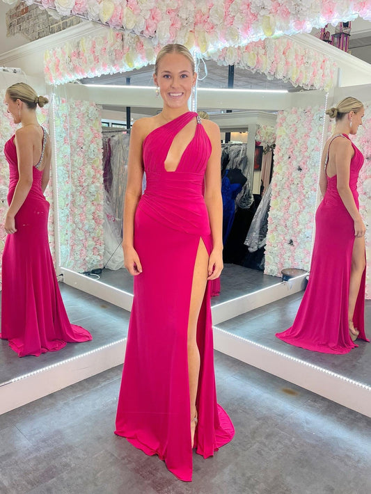  Teresa | Mermaid One Shoulder Pink Cutout Long Prom Dress - Prom Dress - DYAVOR® 