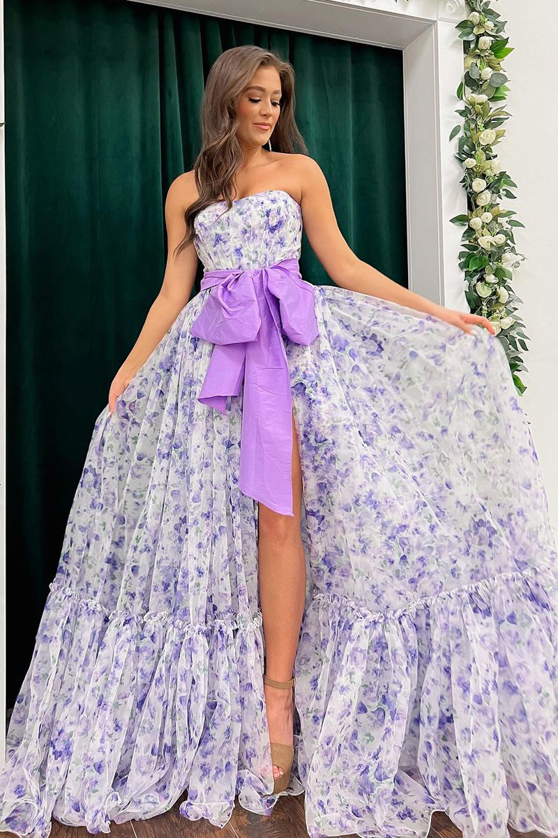  Chic Floral Printed Chiffon Strapless Long Prom Dresses with Slit - Prom Dress - DYAVOR® 