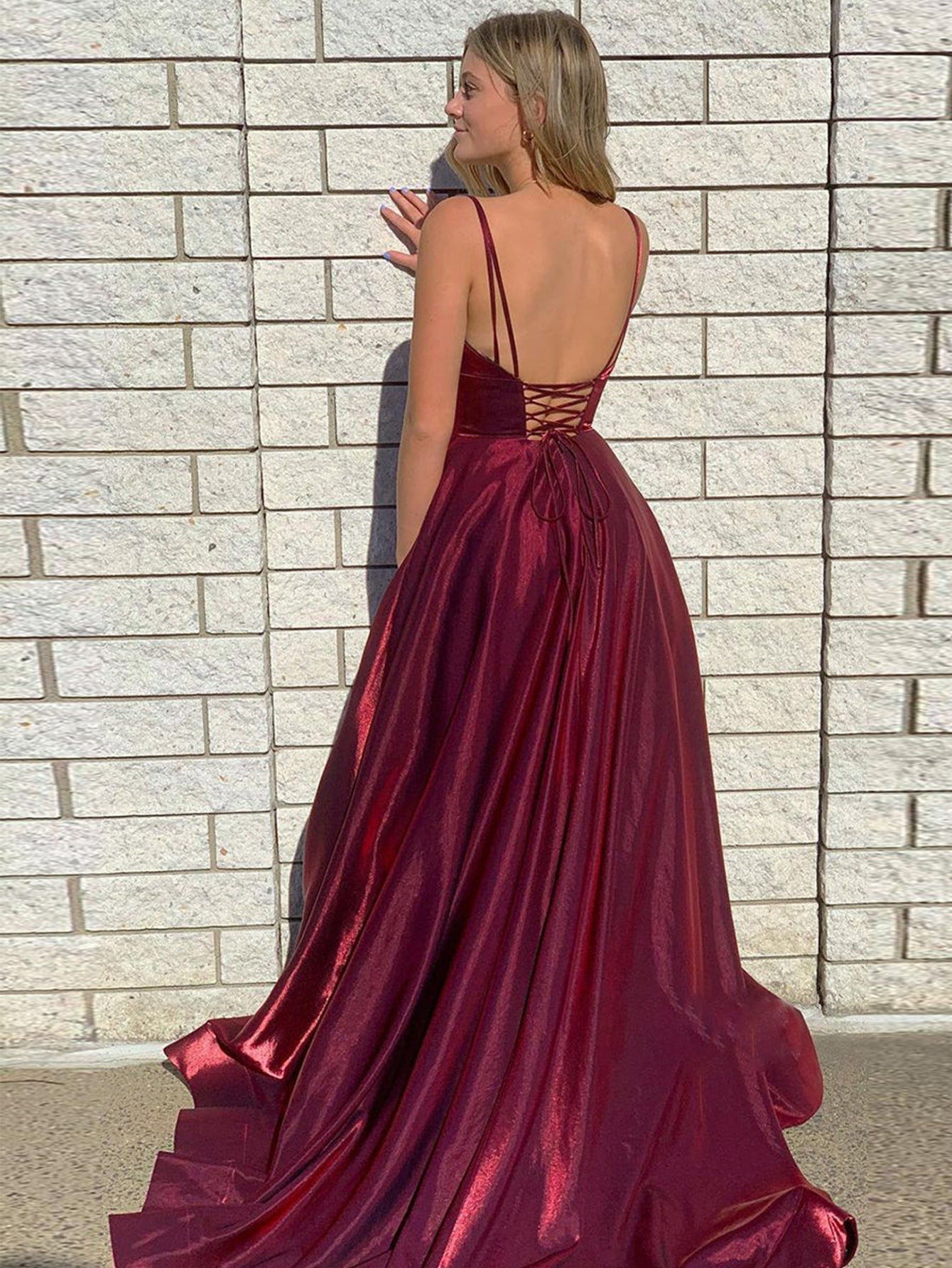  DarkRed Satin A Line Tight Long Prom Dress With Slit - Prom Dress - DYAVOR® 