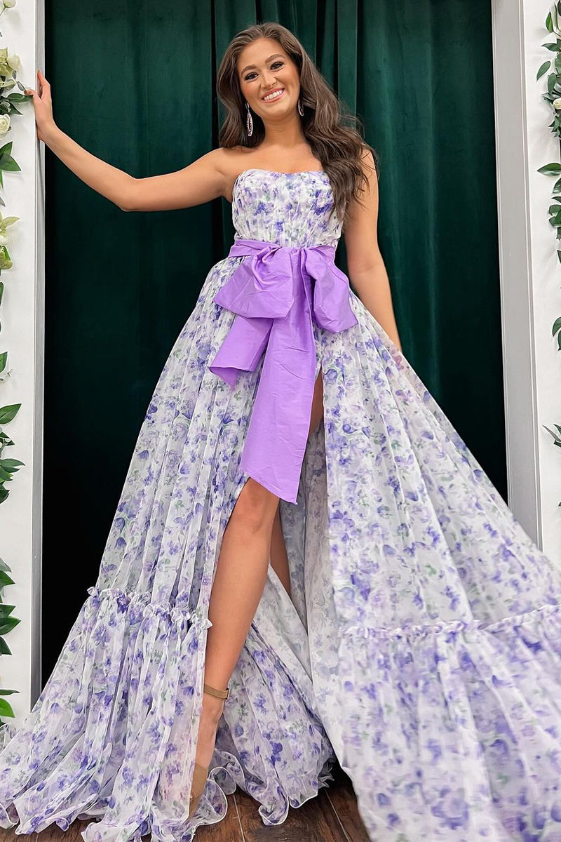  Chic Floral Printed Chiffon Strapless Long Prom Dresses with Slit - Prom Dress - DYAVOR® 