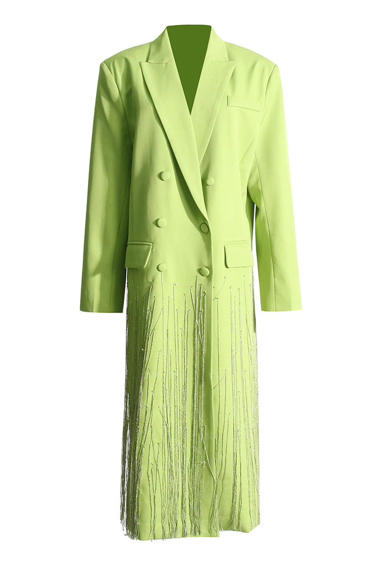  Edgy Lapel Shoulder Pad Double Breasted Oversized Long Tassel Blazer - Blazers - DYAVOR® 