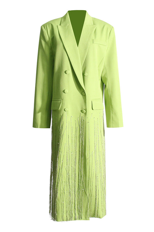  Edgy Lapel Shoulder Pad Double Breasted Oversized Long Tassel Blazer - Blazers - DYAVOR® 