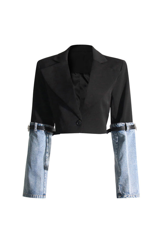  Edgy Two Tone Belted Denim Panel Lapel Single Breasted Crop Blazer - Blazers - DYAVOR® 