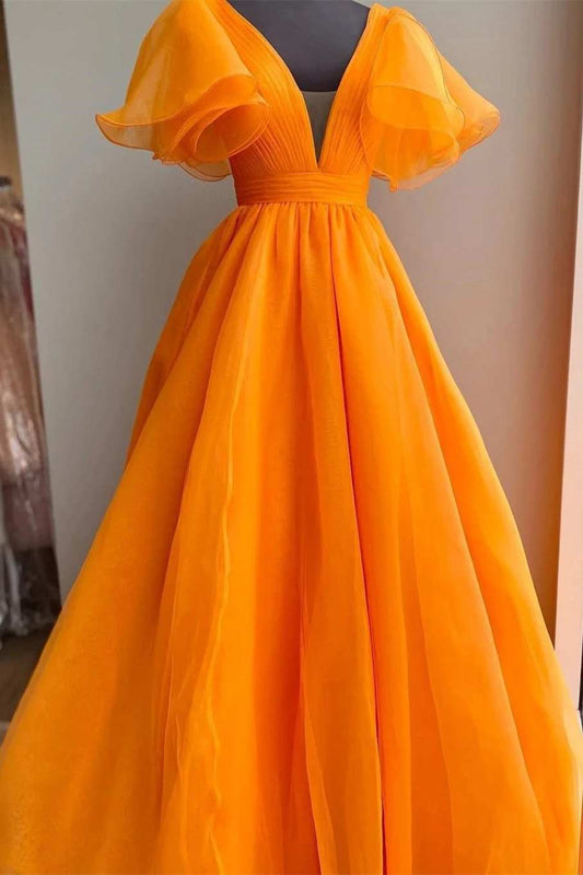  Orange Plunge V Ruffled Sleeve A-Line Long Formal Dress - Prom Dress - DYAVOR® 