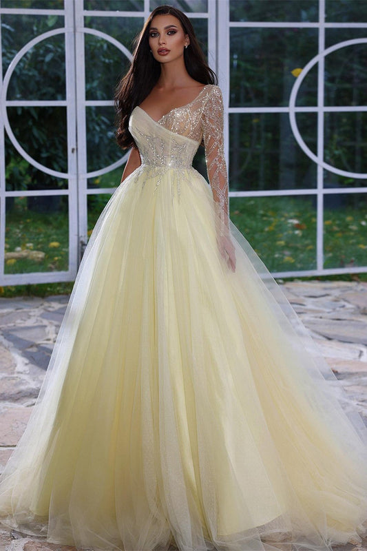  Elegant A-line Sequined Long Sleeves Prom Dress With Beads - Prom Dresses - DYAVOR® 