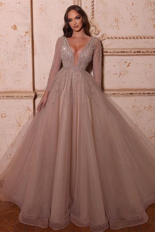  Elegant A-line V-neck Long Sleeves Beading Prom Dress - Prom Dresses - DYAVOR® 