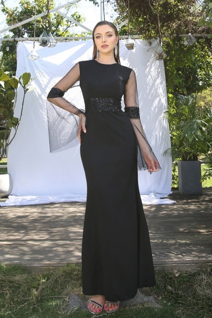  Elegant Black Jewel Long-Sleeves Mermaid Satin Prom Dresses - Prom Dresses - DYAVOR® 
