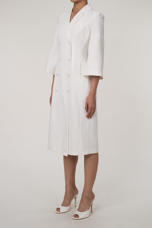  Elegant Lapel Collar Bell Sleeve Double Breasted Tailored Blazer Midi Dress - White - Blazer - DYAVOR® 