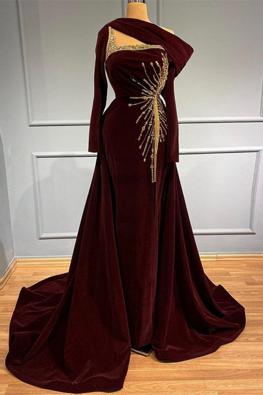  Elegant Long A-line One Shoulder Beading Prom Dress With Long Sleeves - Prom Dresses - DYAVOR® 