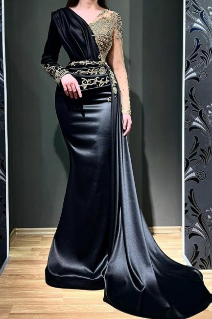  Elegant Long Black Beading Mermaid Evening Dresses With Long Sleeves - Prom Dresses - DYAVOR® 