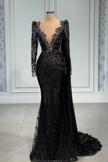  Elegant Long Black V-neck Lace Mermaid Evening Dresses With Long Sleeves - Prom Dresses - DYAVOR® 