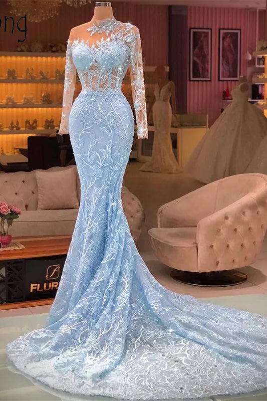  Elegant Long Blue Mermaid Long Sleeves Lace Prom Dress With Train - Prom Dresses - DYAVOR® 