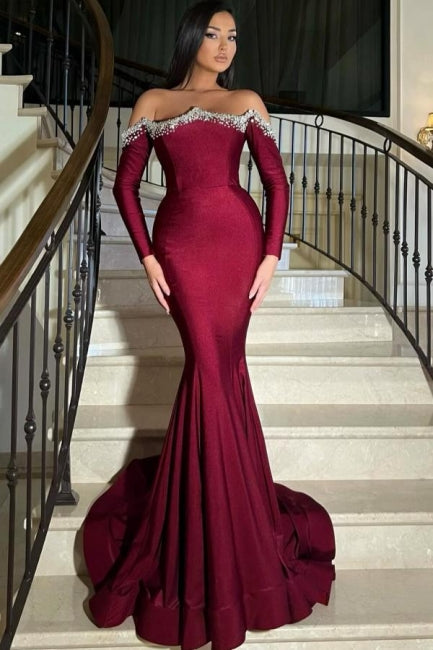  Elegant Long Burgundy Mermaid Rhinestones Prom Dress with Long Sleeves - Prom Dresses - DYAVOR® 
