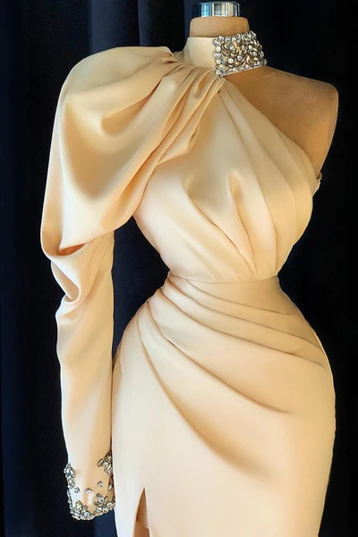  Elegant Long Champagne High Neck One Shoulder Split Prom Dress With Slit - Prom Dresses - DYAVOR® 
