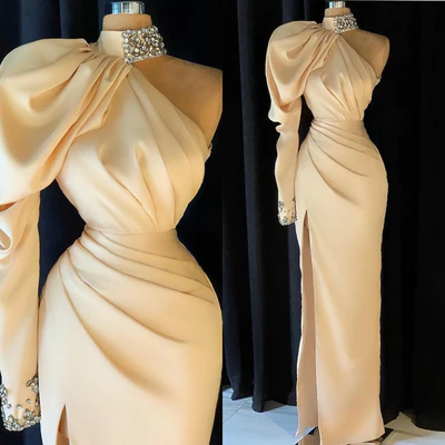  Elegant Long Champagne High Neck One Shoulder Split Prom Dress With Slit - Prom Dresses - DYAVOR® 